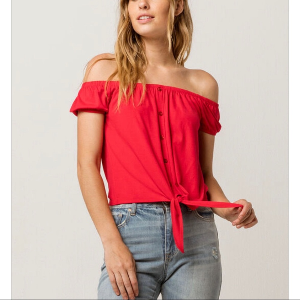 Tie front red women’s off the shoulder top